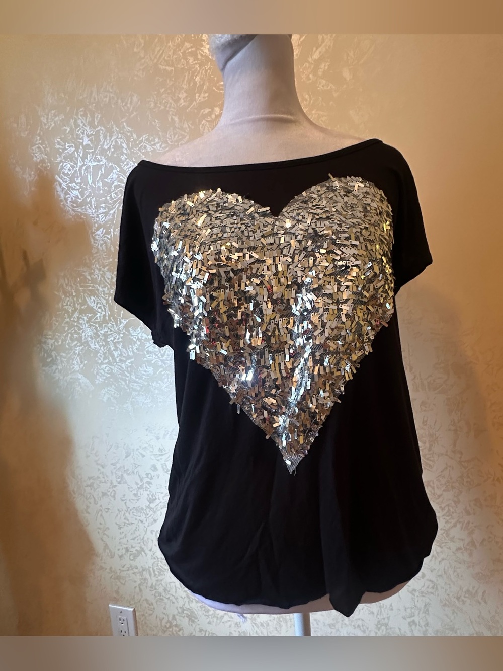 The Classic Black Short Sleeve Top with Silver Sequin Heart